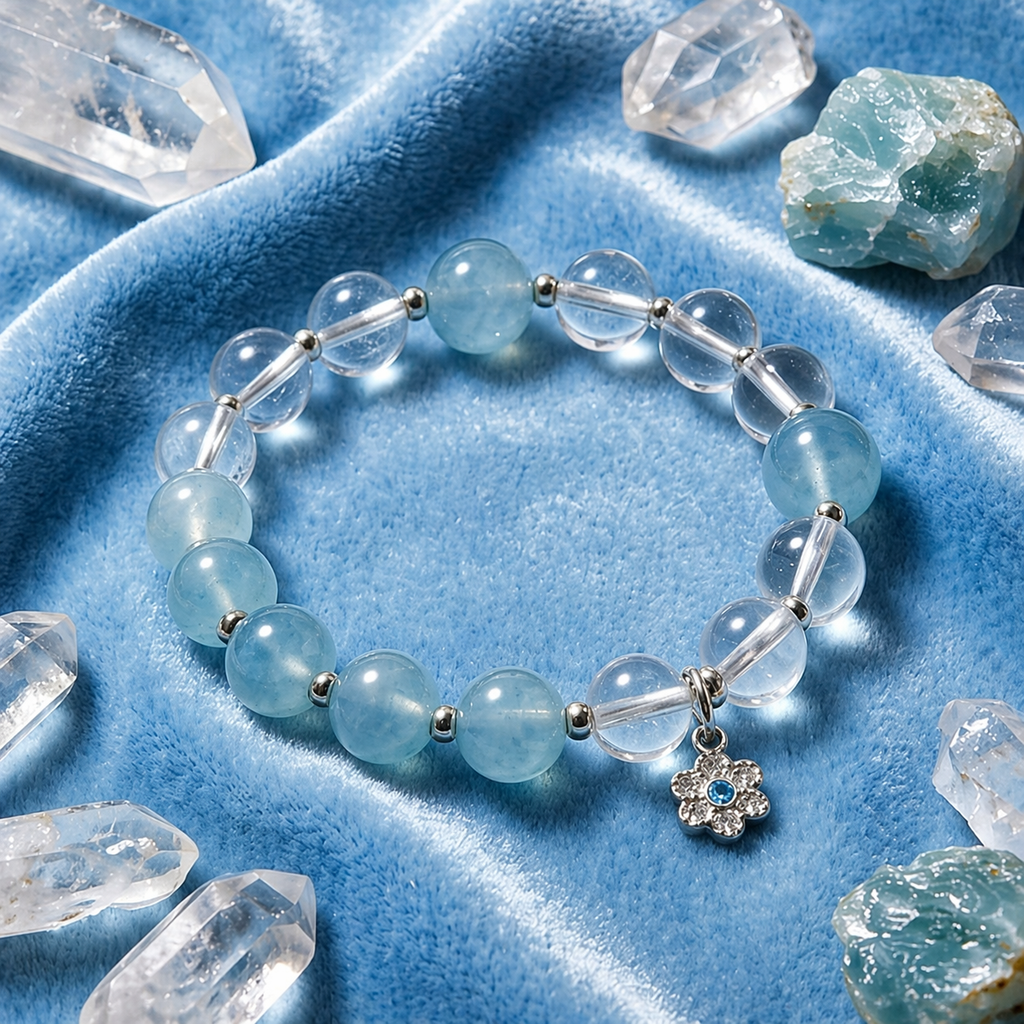 Tranquil Ocean Mist Beaded Bracelet with Crystal Floral Charm