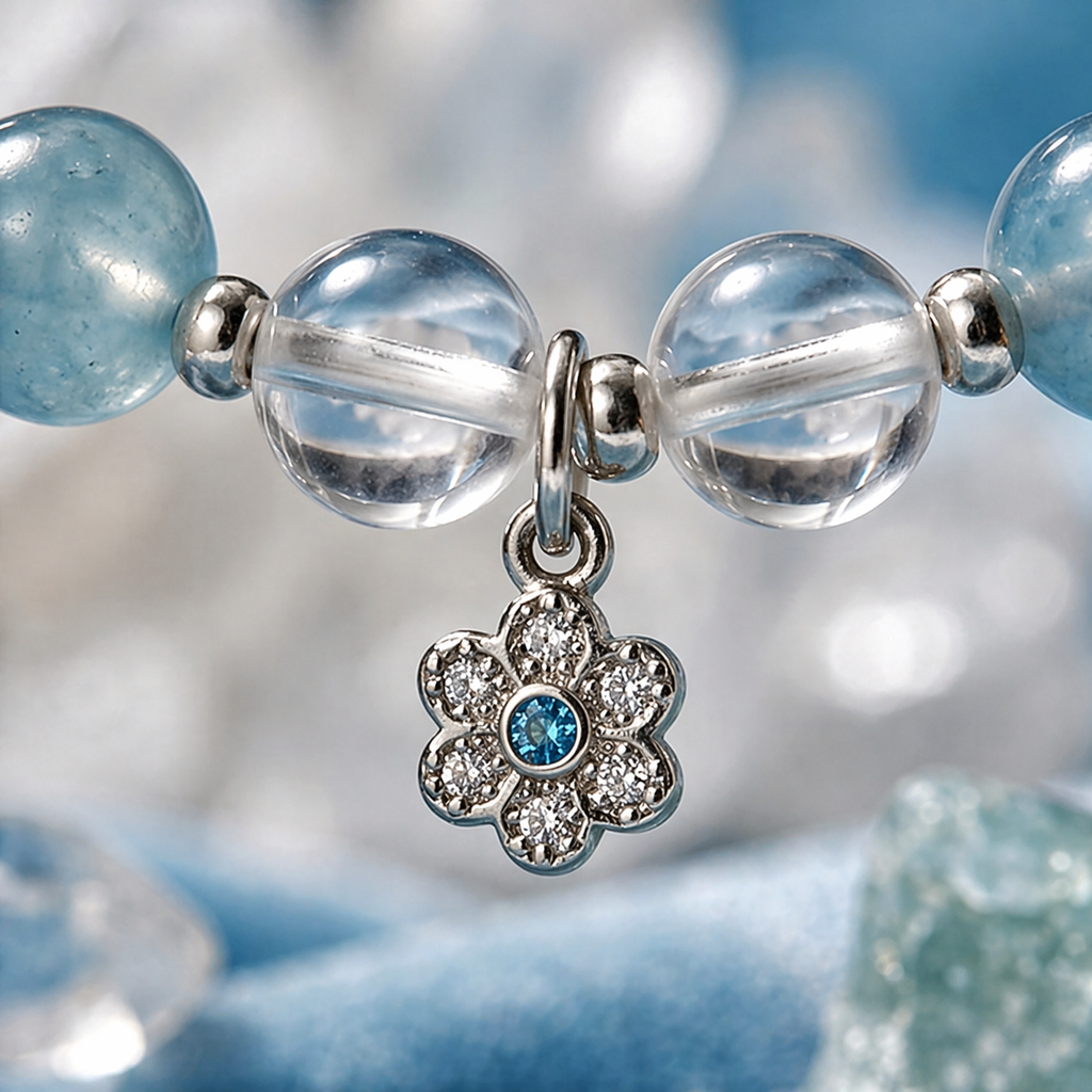 Tranquil Ocean Mist Beaded Bracelet with Crystal Floral Charm