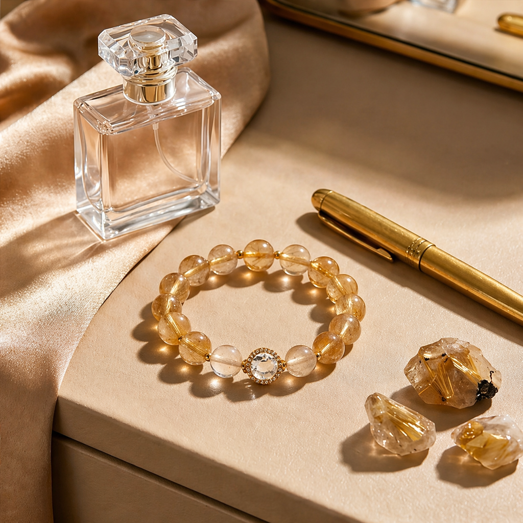 Amber & Golden Rutilated Quartz Jewel Bracelet