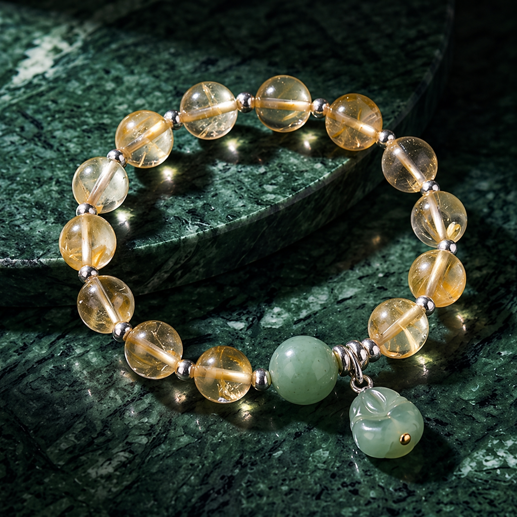 Natural Citrine and Green Jade Pixiu Bracelet