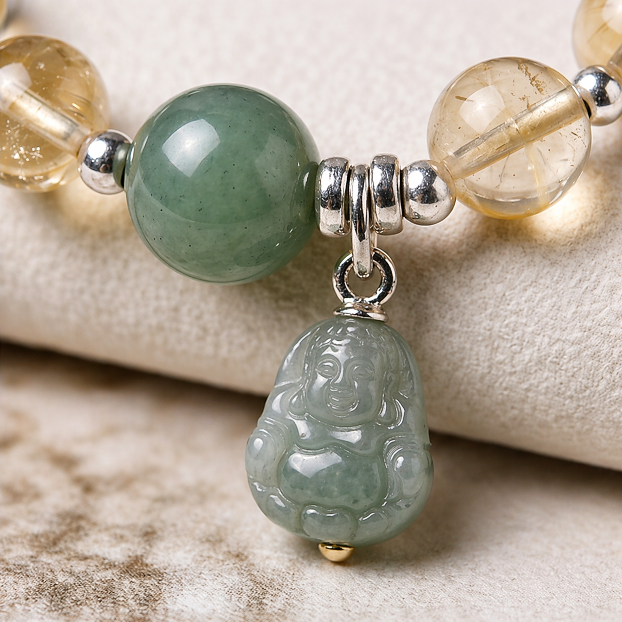 Natural Citrine and Green Jade Pixiu Bracelet
