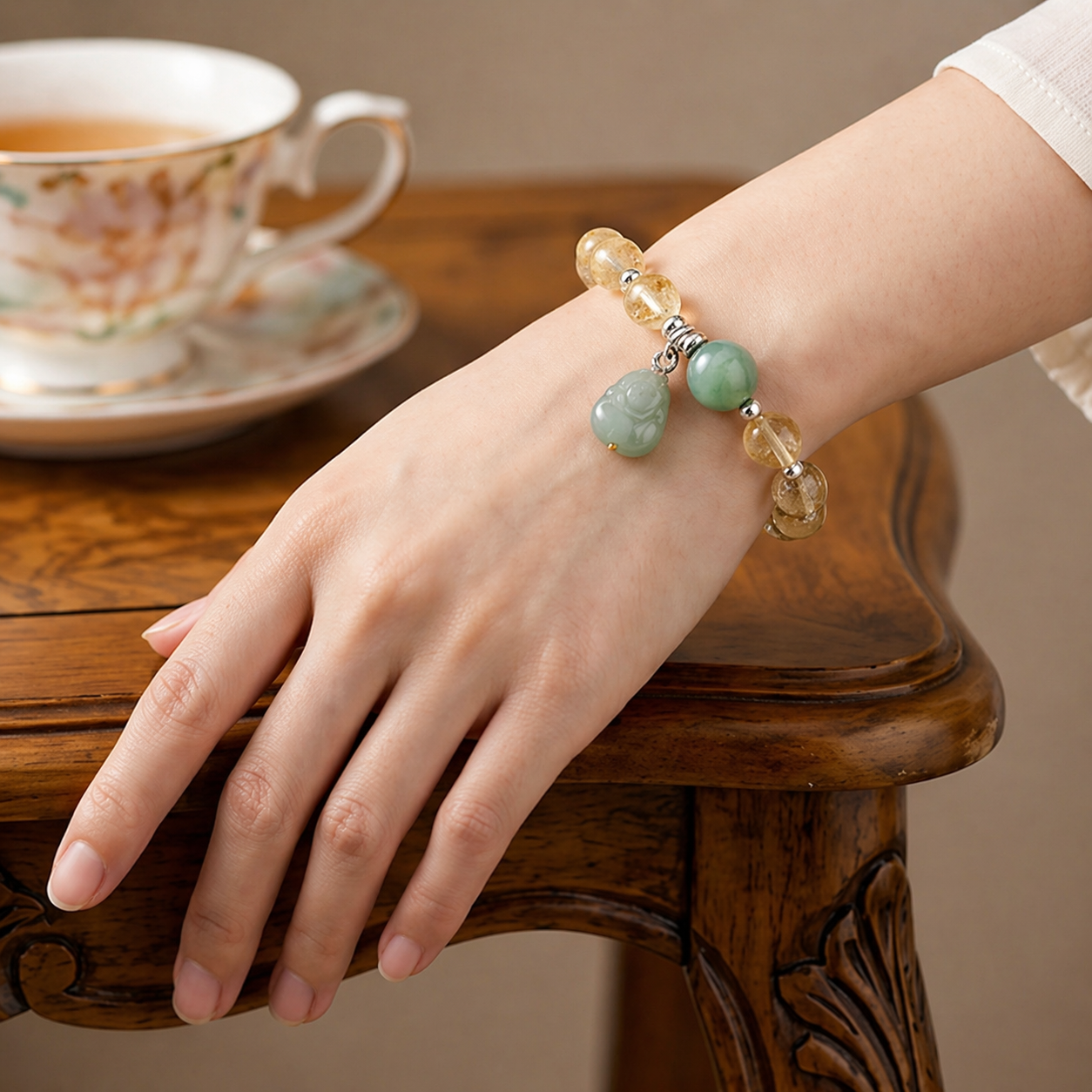Natural Citrine and Green Jade Pixiu Bracelet