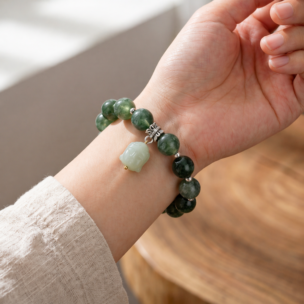 Enlightened Harmony Deep Green Moss Agate Bracelet