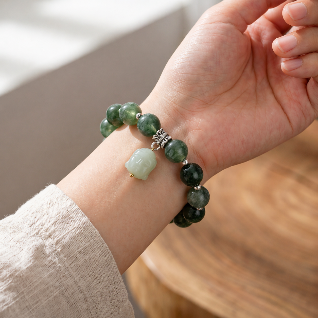 Enlightened Harmony Deep Green Moss Agate Bracelet